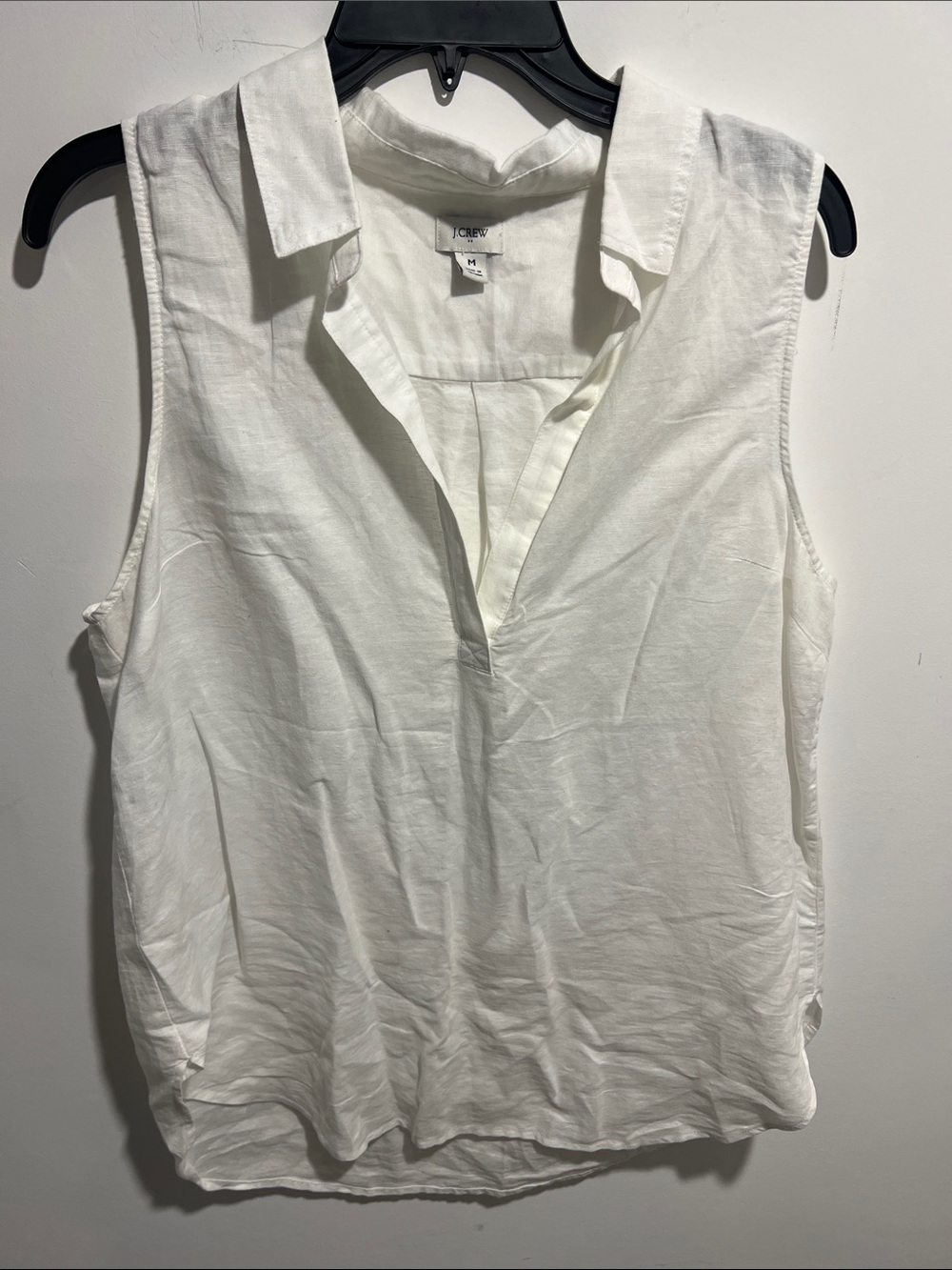 J. Crew White Sleeveless Linen-Blend V-Neck Collared Top Size Medium NWOT